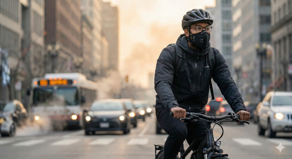 A cyclist wearing a helmet, glasses, and a black face mask rides an electric bike through a busy city street with cars and a bus in traffic, surrounded by tall buildings on a cold, urban day.