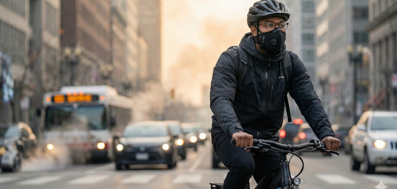 A cyclist wearing a helmet, glasses, and a black face mask rides an electric bike through a busy city street with cars and a bus in traffic, surrounded by tall buildings on a cold, urban day.